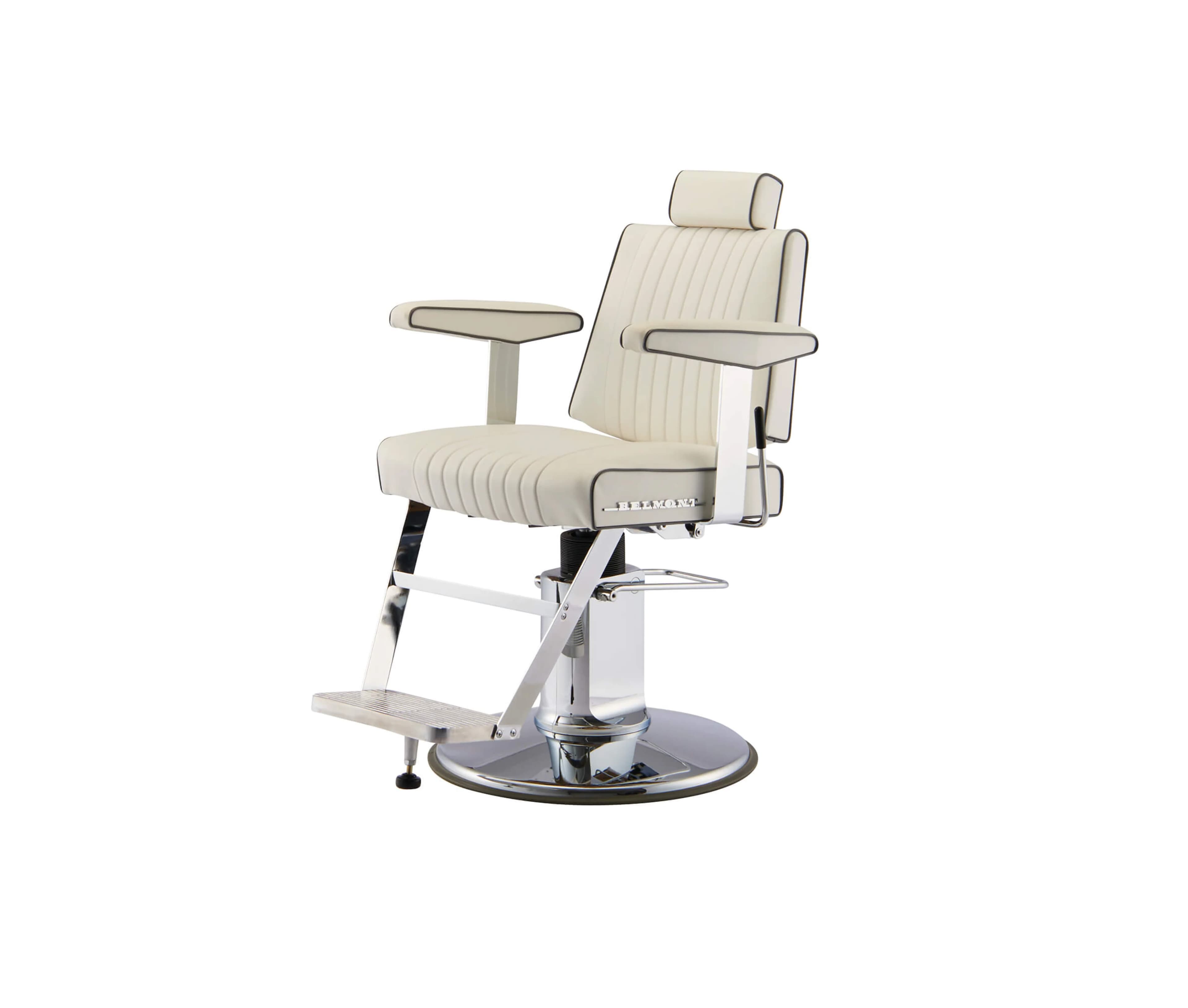 A white barber chair with channel tufting on the seat back and seat. It features chrome accents on the armrests, base, footrest, and hydraulic lift mechanism. The chair includes a headrest and a flip-up footrest. There is a logo on the side of the seat that reads 'BELMONT'. — 3D model