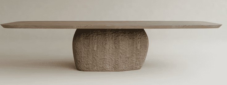 A substantial dining table featuring a light-toned, rectangular solid wood slab top with softly tape… — 3D model