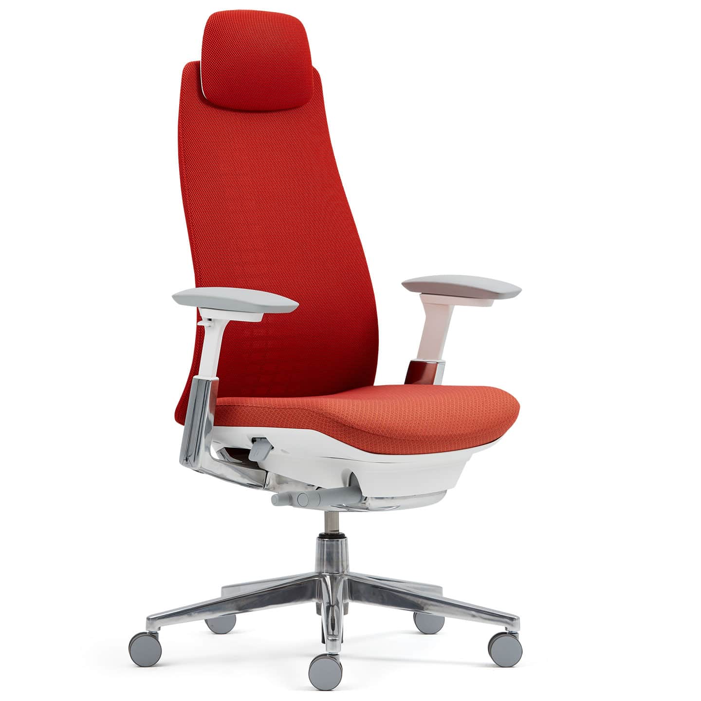 A modern ergonomic office chair featuring a high back and adjustable headrest, upholstered in a vibr… — 3D model