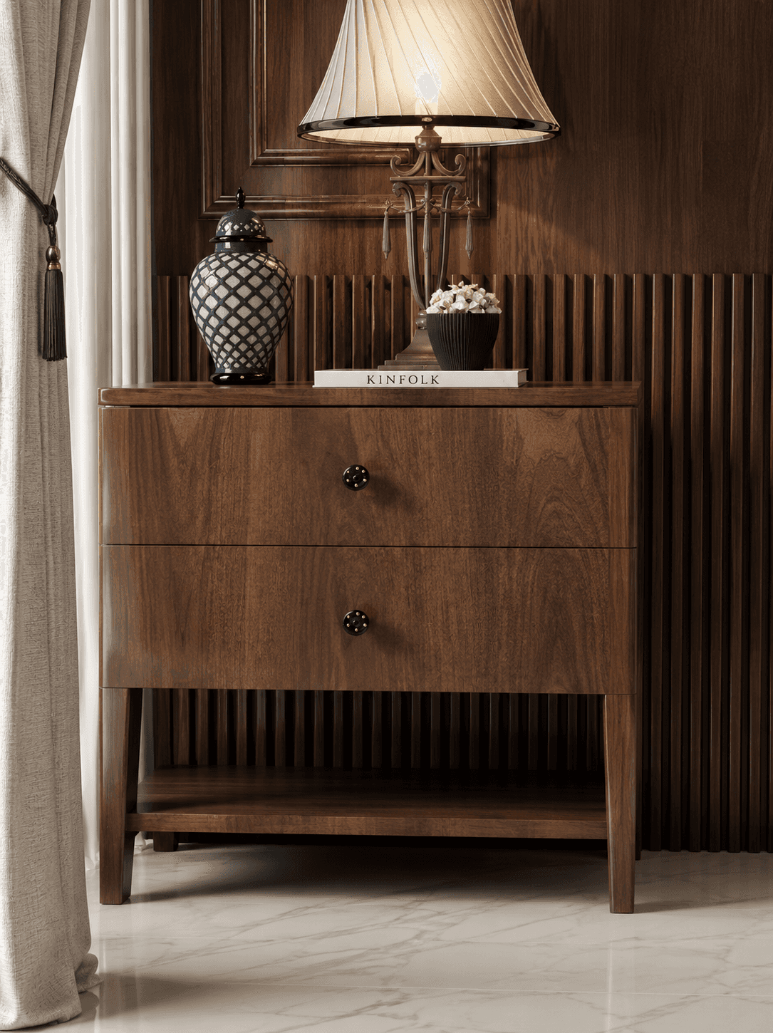 A dark wood nightstand featuring two drawers and an open bottom shelf, supported by four tapered leg… — 3D model