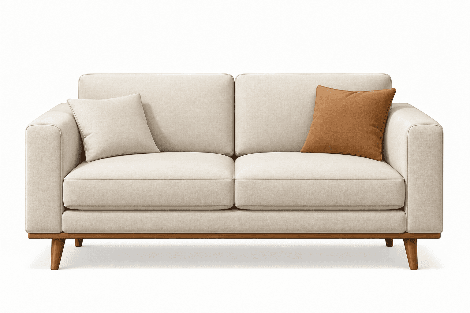 A modern two-seater sofa upholstered in a light beige fabric, featuring an exposed wooden base and t… — 3D model