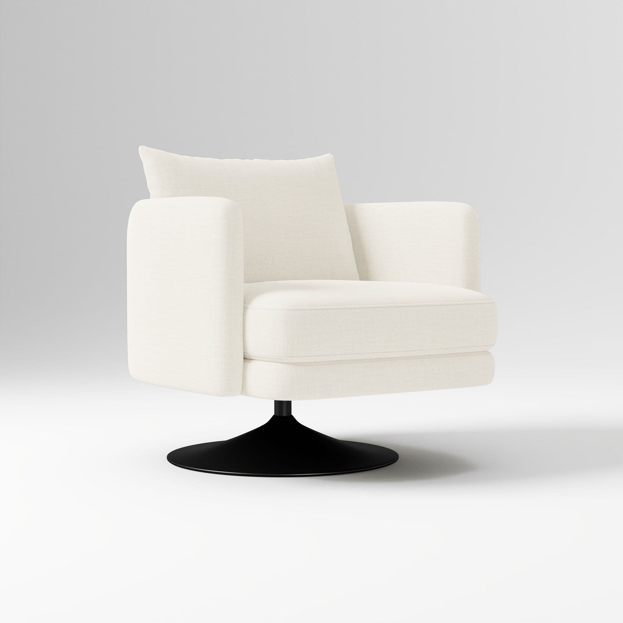 A modern accent chair with a plush, upholstered seat and back, featuring a low-profile, circular, black swivel base. The chair has integrated armrests and a single back cushion. — 3D model
