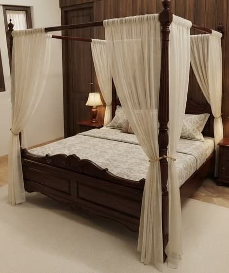An ornate dark wood four-poster canopy bed with sheer white drapes. The bed frame features intricate carving on the headboard, footboard, and bed posts. The posts are tall and turned, supporting a top frame from which the drapes hang, tied back at the corners. The bedding includes a white mattress, a patterned comforter or duvet with a damask-like design in white and light gray, and matching throw pillows. — 3D model