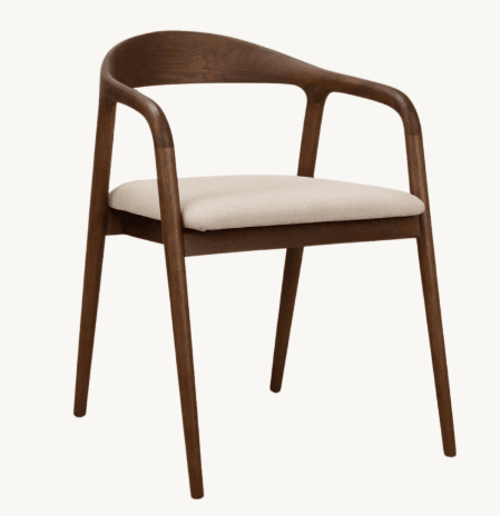 A contemporary armchair featuring a dark-stained wooden frame with a seamlessly curved backrest and integrated armrests, complemented by a light-colored upholstered seat. — 3D model