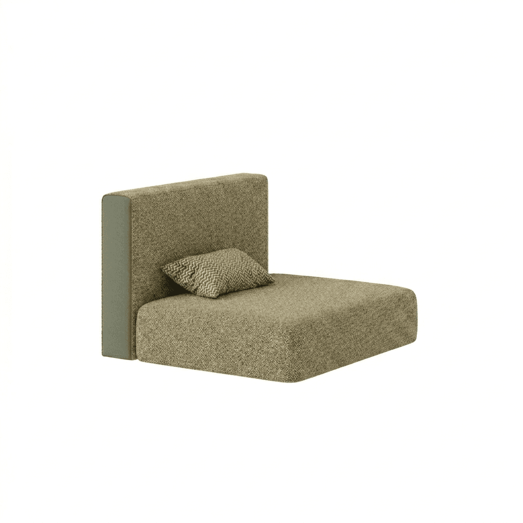 A modular chaise lounge segment with a low profile and a vertical backrest. It is upholstered in a textured, woven fabric and includes a small accent pillow with a chevron pattern. The backrest has a slightly angled top edge, and the side panel visible is a contrasting solid color. — 3D model