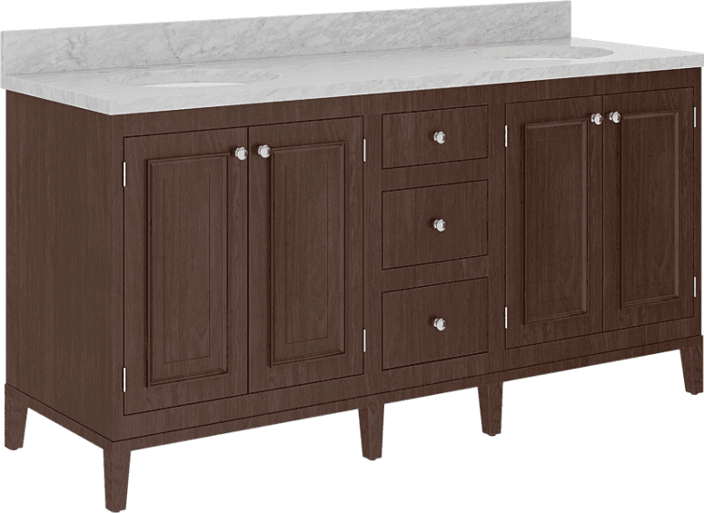 A double basin vanity cabinet with a marble top. The cabinet features a dark wood finish, paneled do… — 3D model
