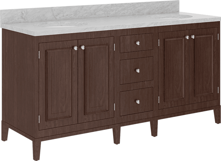 A double basin vanity cabinet with a marble top. The cabinet features a dark wood finish, paneled doors, and drawers with crystal knobs. It stands on tapered legs. — 3D model