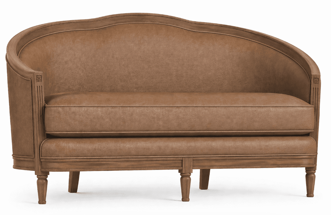 A loveseat with a curved backrest and upholstered seat and back. The frame is made of wood, with dec… — 3D model