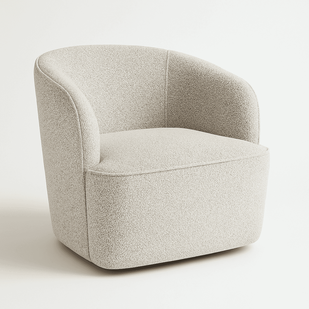 A contemporary swivel armchair featuring a rounded barrel silhouette and upholstered in a textured,… — 3D model