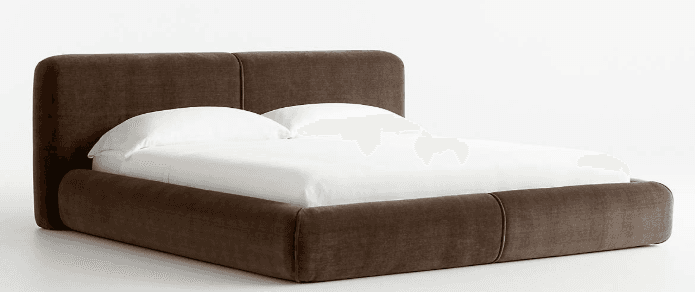 A contemporary upholstered bed frame with a low profile and a two-panel headboard. The frame and hea… — free BLEND 3D model