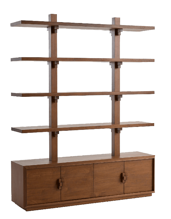 A freestanding wooden storage unit featuring an open bookshelf structure on top and a closed four-door cabinet base below. The bookshelf consists of four horizontal shelves supported by three vertical posts, with a distinctive notched or dado joinery system. The base cabinet has four flush-mounted doors, each adorned with a unique, geometric cubic handle. The entire piece is constructed from a medium-brown wood, showcasing clean lines and a contemporary aesthetic. — 3D model