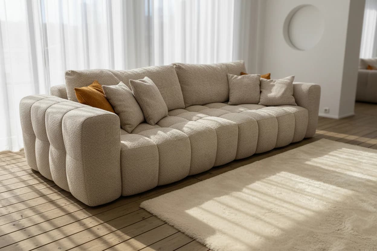 A contemporary, generously sized sofa featuring a light beige, textured bouclé-like fabric upholstery. The design is characterized by prominent channel tufting across the seat, back, and arms, giving it a plush, segmented appearance. It includes multiple loose back cushions and several accent pillows, suggesting a focus on comfort and a relaxed aesthetic. The sofa has a low profile, wide arms, and rests directly on the floor, contributing to its modern, cozy appeal. — 3D model