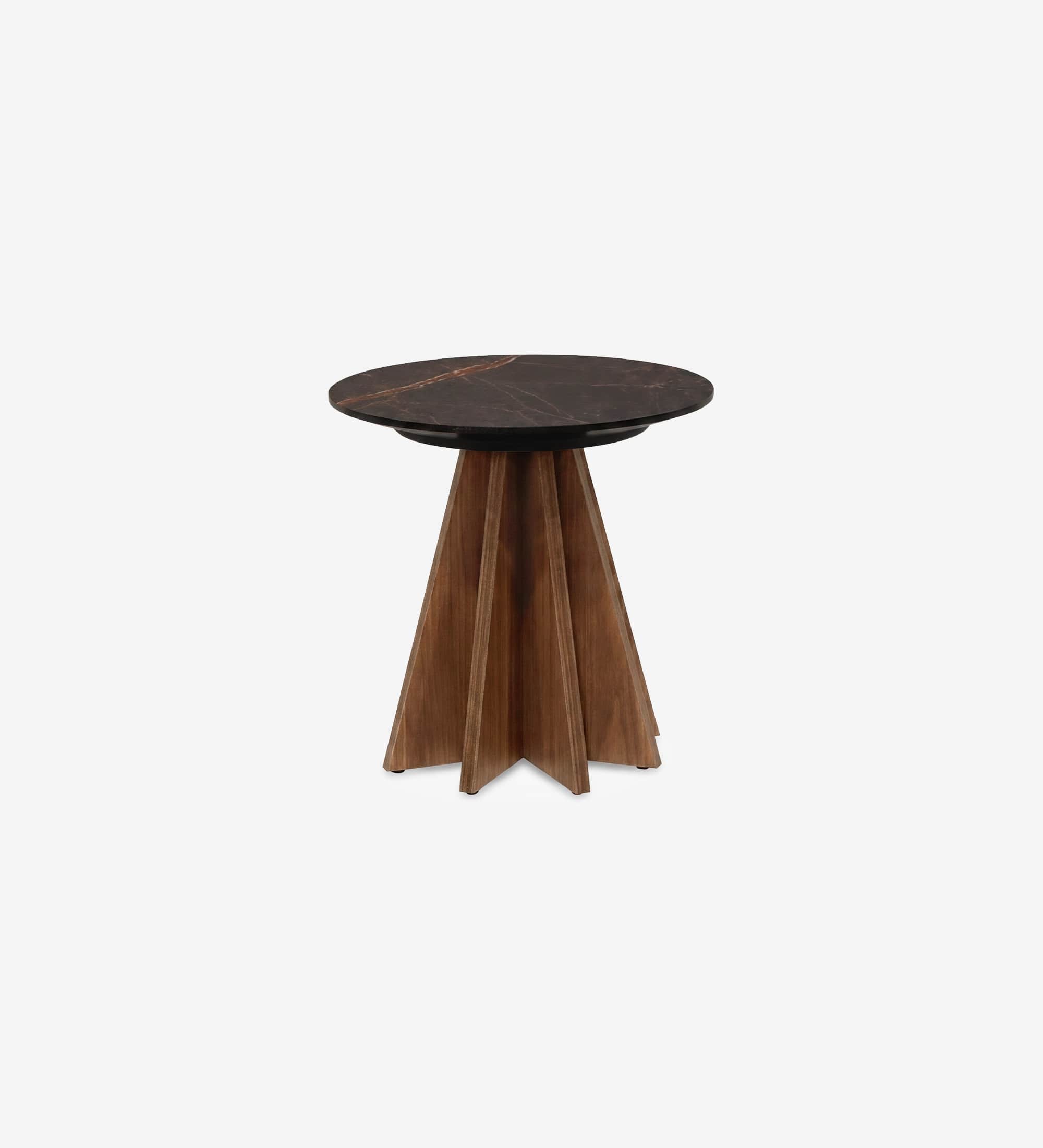 A round side table with a dark, veined top and a wooden base featuring a distinctive geometric, fan-… — free STL 3D model