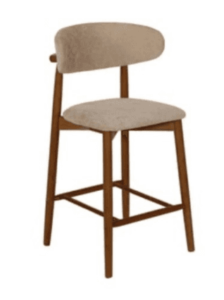 A modern bar stool featuring a solid wood frame with splayed legs and cross stretchers, providing stability and a footrest. The seat and curved backrest are upholstered in a light beige fabric, offering comfortable seating. The backrest is designed with a gentle curve, attaching to the frame with two visible supports. — 3D model