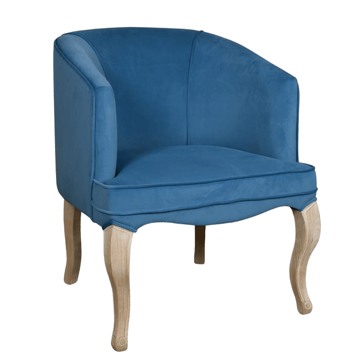 A blue upholstered armchair with curved, carved wooden legs. The armchair features a rounded back that extends into low arms, and a cushioned seat. The upholstery appears to be a soft fabric, possibly velvet or a similar material. The wooden legs have a cabriole style. The item is presented against a solid black background. — 3D model