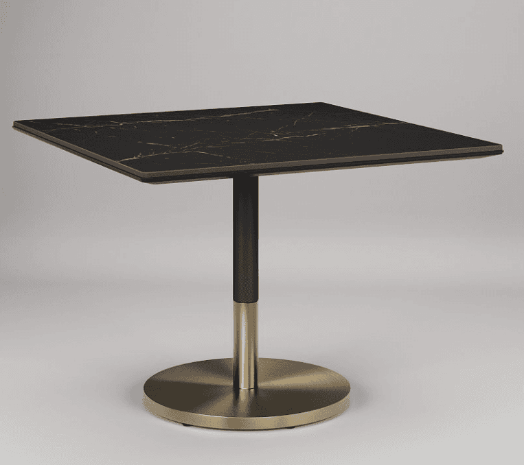 A square-topped table with a dark, marble-patterned surface and a single pedestal base. The base con… — 3D model