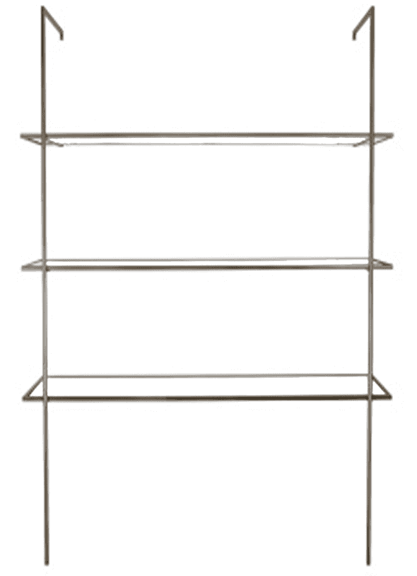 A three-tiered shelving unit constructed from thin metal rods. The unit features two vertical suppor… — 3D model