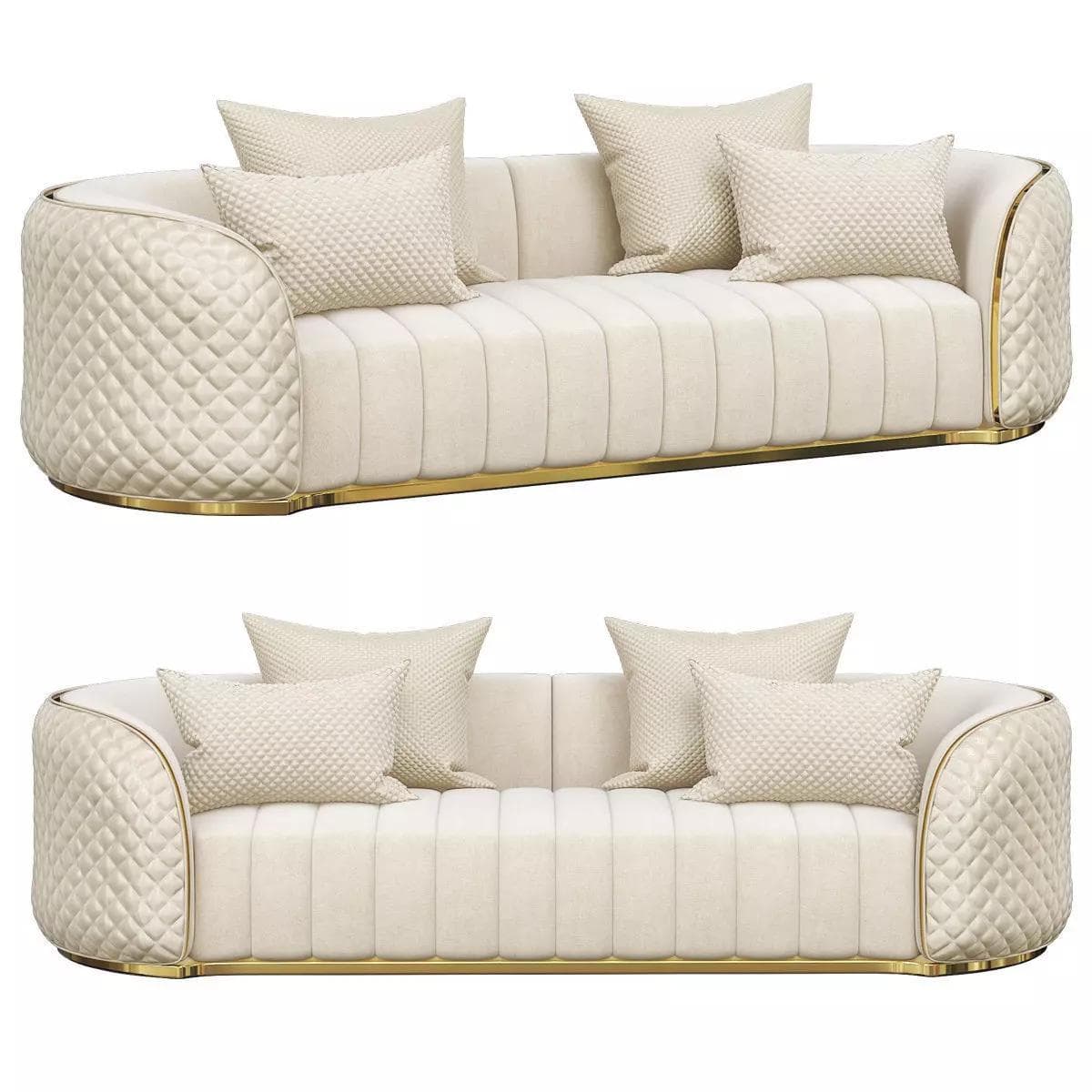 A sophisticated, contemporary sofa with a distinct curved silhouette, designed for multiple occupants. It is upholstered in a light, likely cream or off-white fabric, possibly velvet or a similar soft textile. The backrest and seating area feature prominent vertical channel tufting, providing a structured yet plush appearance. The rounded armrests and side panels are adorned with diamond quilting, adding a touch of classic elegance. Polished gold-tone metal trim outlines the sofa's base and upper edges, accentuating its luxurious aesthetic. The sofa is presented with several matching decorative pillows, enhancing comfort and visual appeal. — 3D model