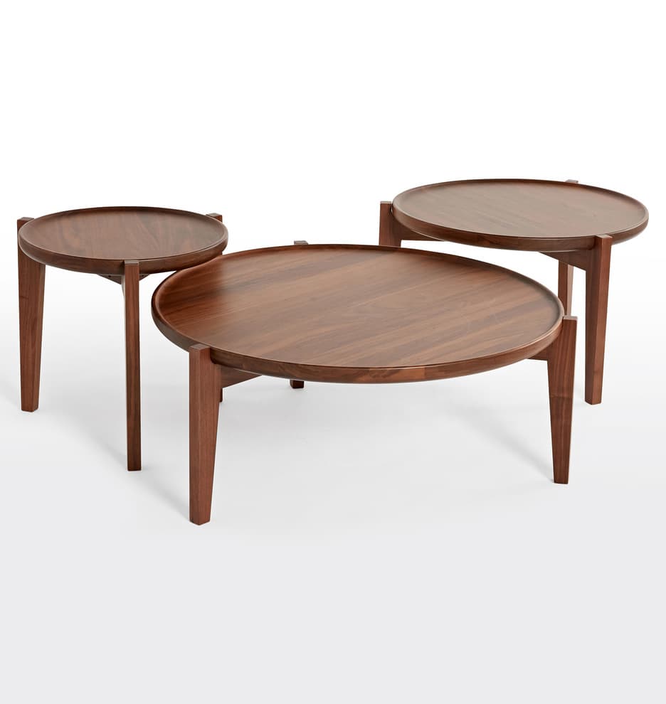 A round, dark wooden coffee table featuring a distinctive tray-like top with a raised edge. The table stands on four tapered legs, giving it a modern and minimalist aesthetic. The wood has a smooth, rich dark brown finish. — 3D model