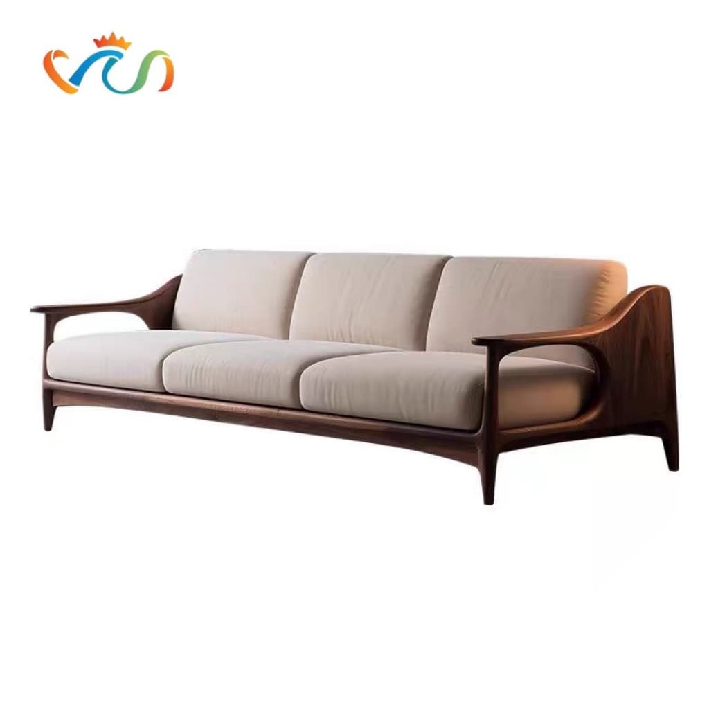 A contemporary three-seater sofa featuring a distinctive exposed wooden frame and light-colored upholstery. The design incorporates elegant curves in the armrests and base. — 3D model