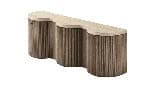 An elongated console table featuring a distinctive wavy silhouette. The base is constructed from vertical fluted wooden panels, creating a textured surface that follows the table's organic curves. The top surface is a contrasting light-toned, likely stone composite or textured concrete, material. The design emphasizes natural materials and fluid forms, suitable for contemporary or organic modern interiors. — 3D model