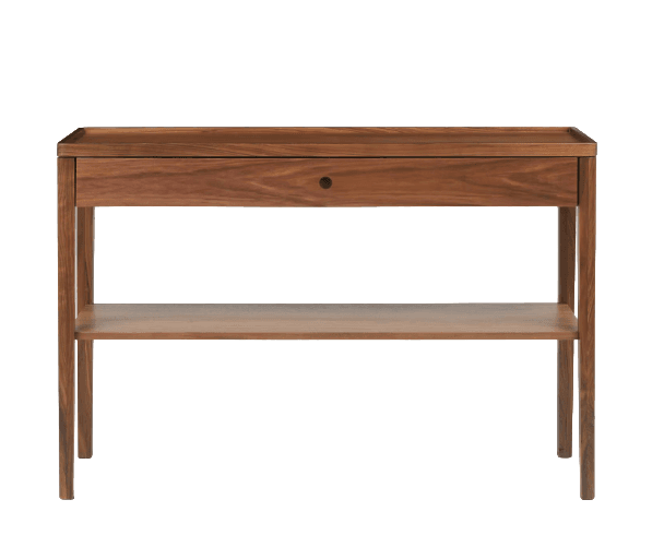 The image displays a contemporary console table crafted from dark wood, likely walnut. It features a sleek, rectangular top with a subtle raised edge, creating a tray-like surface. Below the top, there is a single, full-width drawer with a circular pull. The table is supported by four slender, tapered legs, with an additional open shelf positioned between the legs, offering further storage or display space. — 3D model
