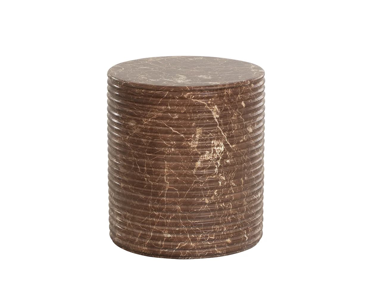 A cylindrical accent table featuring a distinctive horizontal ribbed exterior texture and a rich brown marble-like finish with intricate lighter veining. The top surface is flat and circular, perfectly complementing the table's consistent, solid form. — 3D model