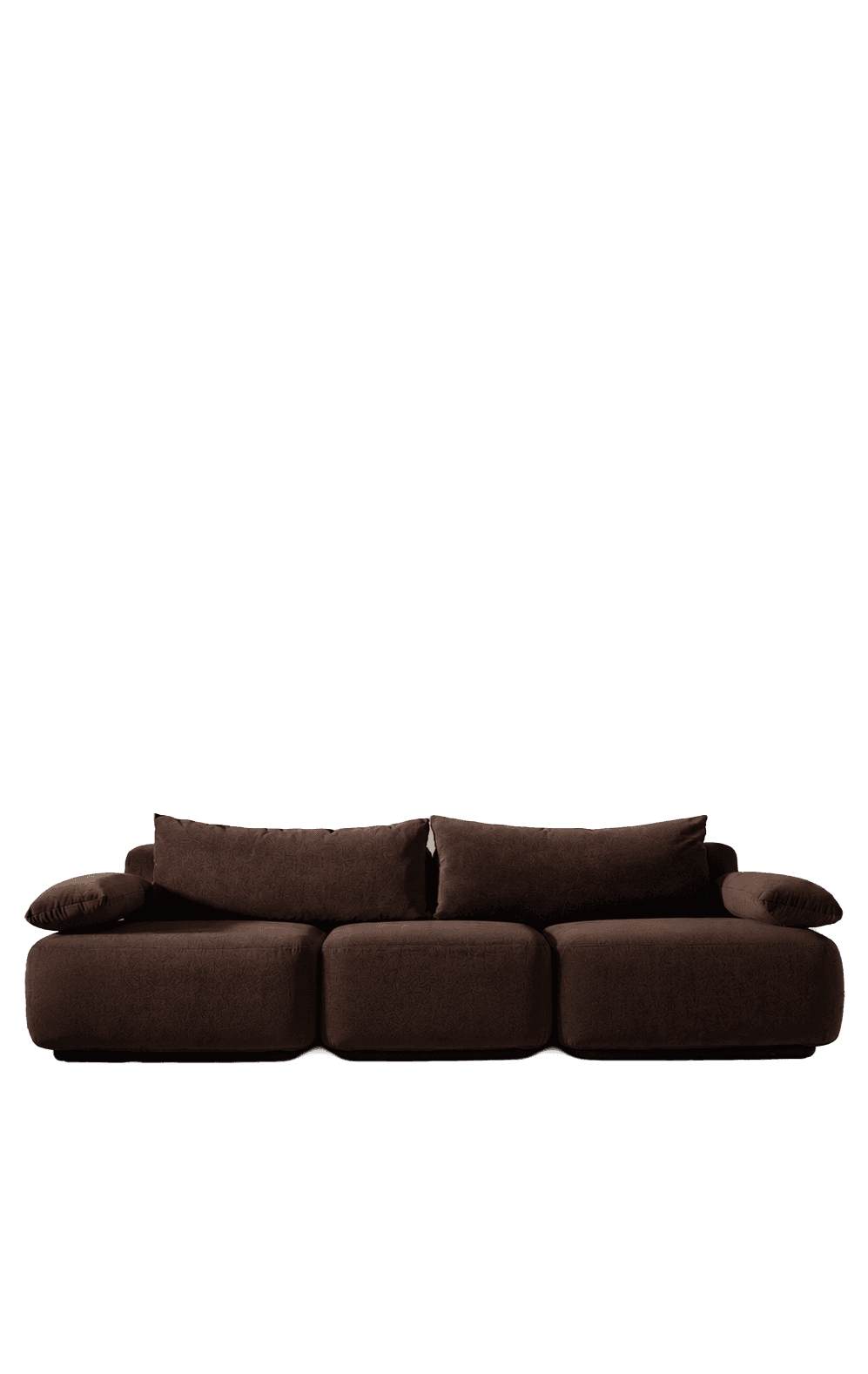 A contemporary dark brown fabric modular sofa featuring a low-profile design. It comprises three int… — free GLTF 3D model