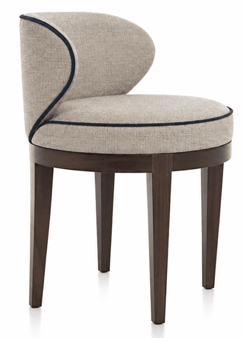 An upholstered armless chair with a low, curved back and a round seat, featuring dark wood legs and navy blue piping. — 3D model