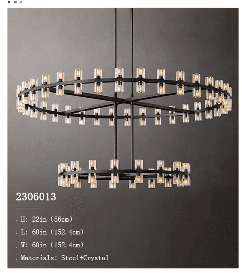 A two-tiered chandelier with a black metal frame and multiple clear cylindrical light shades. The ch… — 3D model