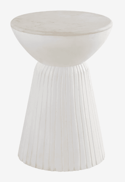 A contemporary end table with a rounded, marble-like top and a white, fluted pedestal base. The base has a concave, trumpet-like shape with vertical pleating. — 3D model