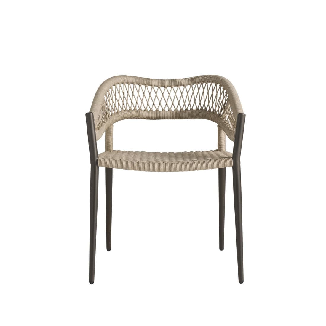 A modern armchair featuring a woven rope seat and backrest, supported by a dark, slender metal frame and tapered legs. — 3D model