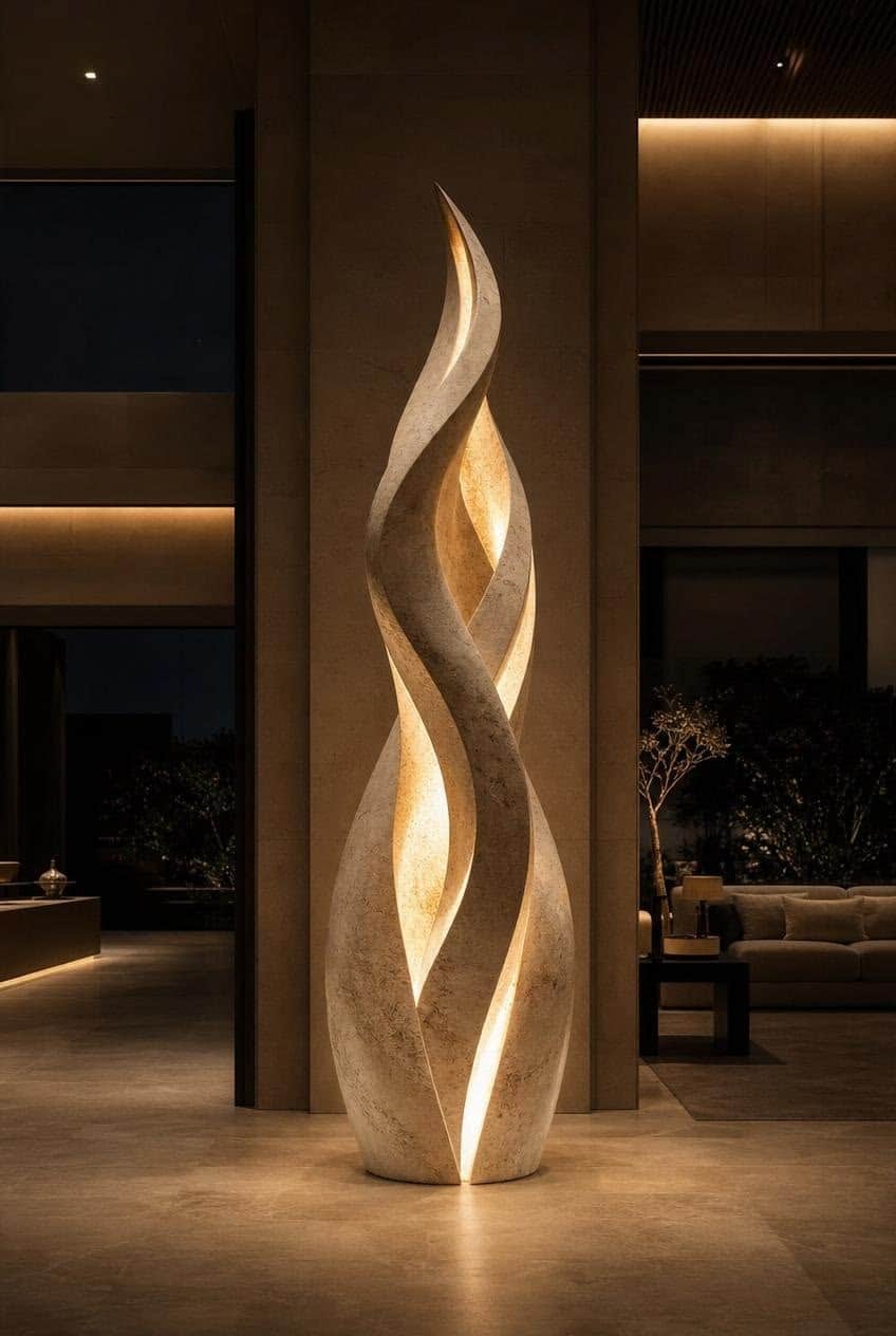 A tall, freestanding floor lamp featuring a sculptural, abstract design with twisted, flame-like for… — 3D model