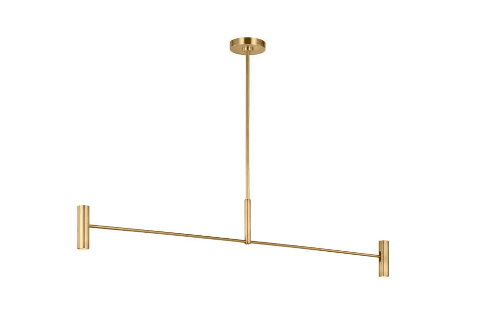 A modern linear pendant light in a matte brass finish, featuring a single vertical rod connected to a longer horizontal bar with cylindrical light sources at each end. The design is minimalist and contemporary. — 3D model