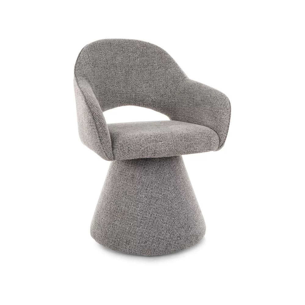 A modern, fully upholstered swivel accent chair featuring a seamless, rounded design in a light gray fabric. It has integrated armrests and a distinctive conical pedestal base, allowing for 360-degree rotation. The chair's silhouette is smooth and contemporary, with no exposed legs or frame. — 3D model