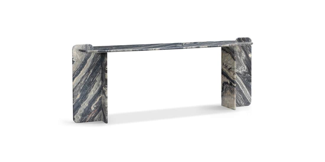 A long, narrow console table made entirely of multi-toned marbled stone, featuring a rectangular top… — free BLEND 3D model