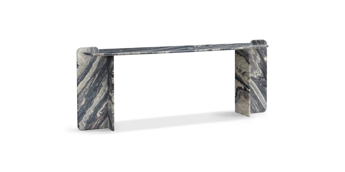 A long, narrow console table made entirely of multi-toned marbled stone, featuring a rectangular top and two thick, solid support legs with rounded edges. — 3D model