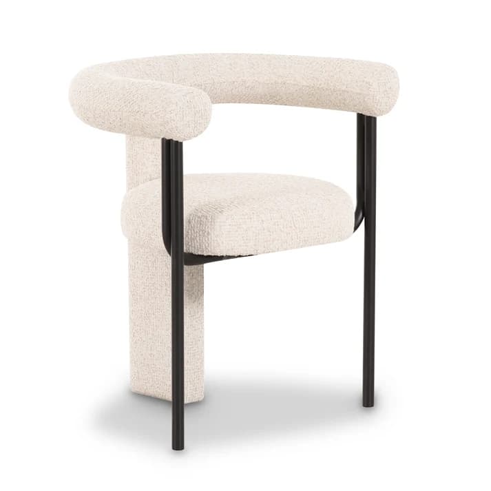 An off-white boucle upholstered accent chair featuring a distinctive curved backrest and integrated armrest, supported by slender black metal legs. The seat is round and fully upholstered, and one side of the chair transitions from the backrest into a solid upholstered base, contrasting with the minimalist metal legs on the other side. — 3D model