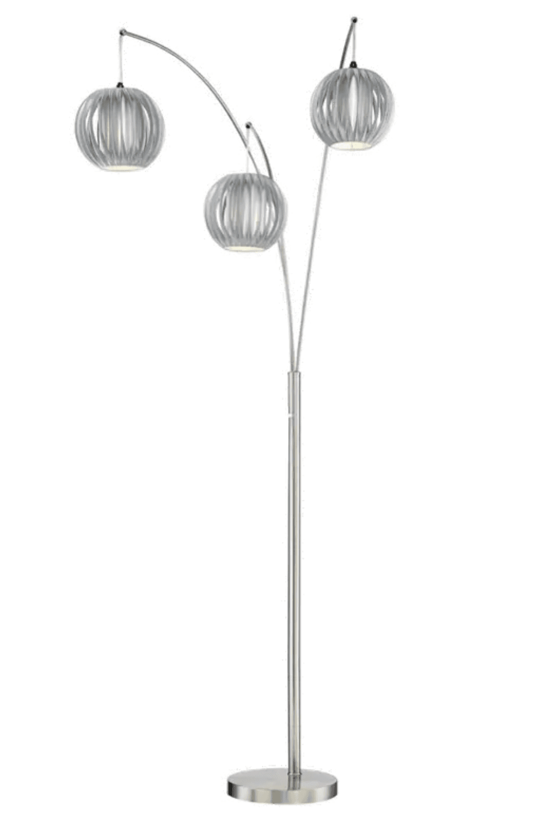A contemporary floor lamp featuring a brushed metallic finish and three spherical, ribbed shades. It has a sturdy circular base, a straight central pole, and two arcing arms; one arm supports a single shade, and the other branches to support two shades. The shades have a distinctive textured, slatted design allowing for diffused light. — 3D model