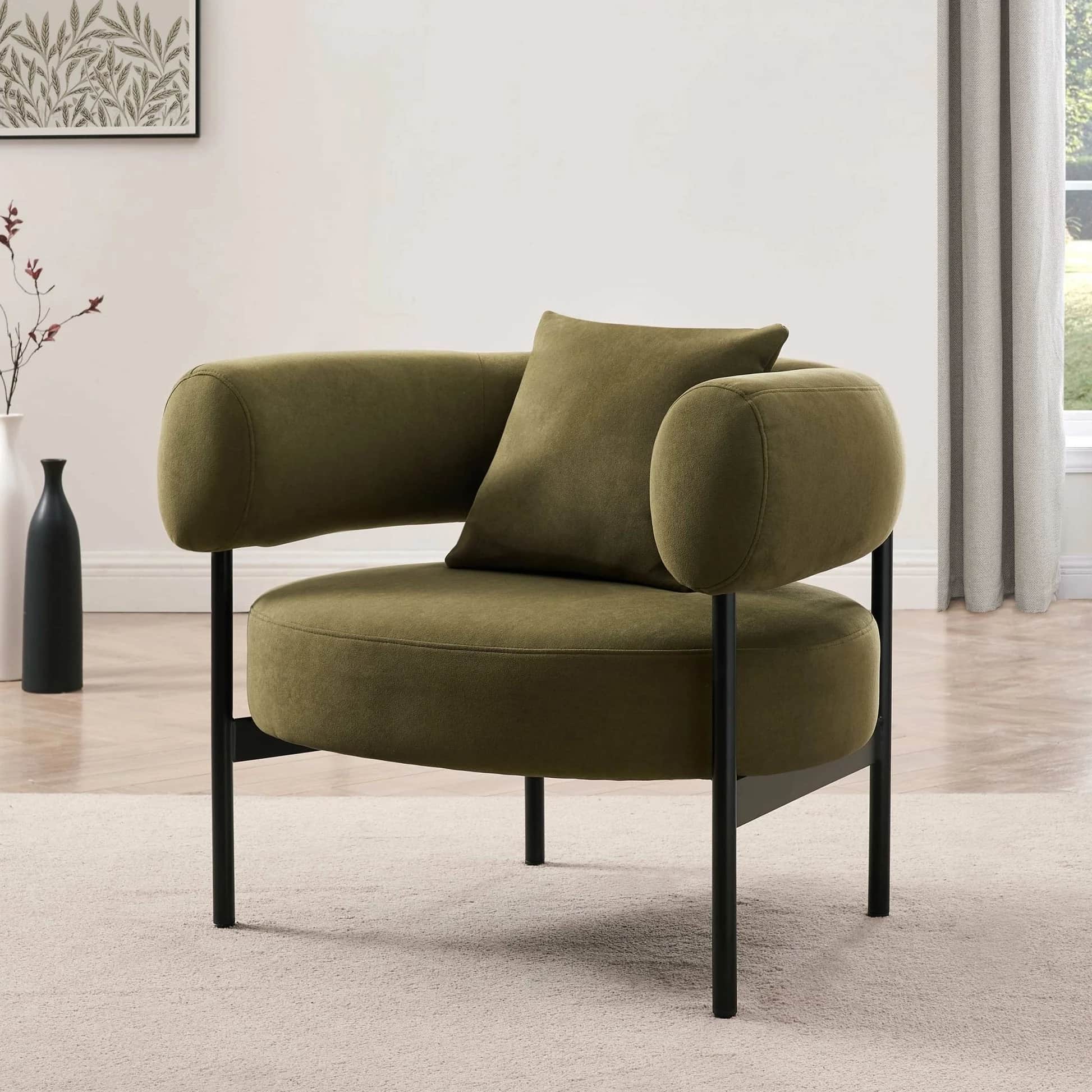 A modern armchair with a rounded, barrel-like silhouette. It features a fully upholstered seat, back… — free OBJ 3D model
