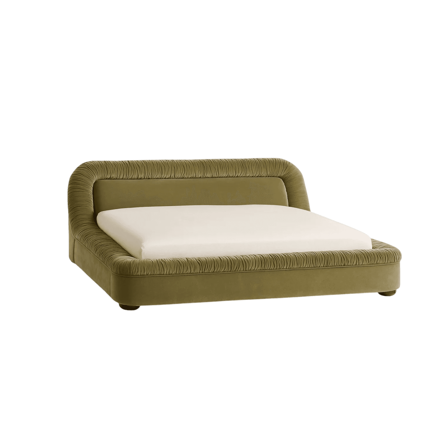 A contemporary platform bed featuring extensive olive green pleated upholstery across its integrated… — free STL 3D model