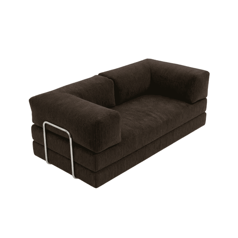 A dark brown corduroy loveseat featuring a blocky, modular design with plush, ribbed upholstery and… — 3D model