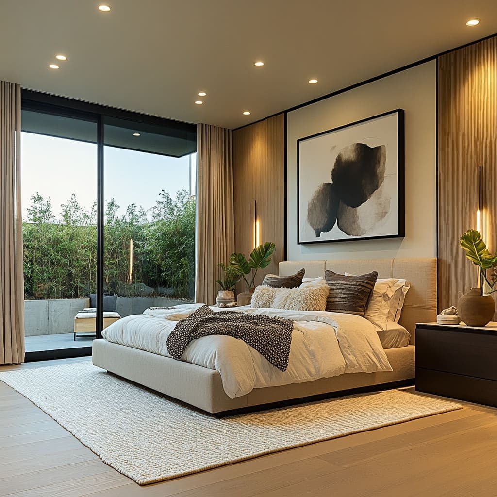 A contemporary upholstered platform bed featuring a clean-lined design. The bed includes a tall, rectangular panel headboard and a low-profile base, both fully upholstered in a light beige or taupe fabric. The bed is dressed with white bedding, layered with decorative pillows in white, brown striped, and textured cream, and a brown patterned throw blanket at the foot. — 3D model