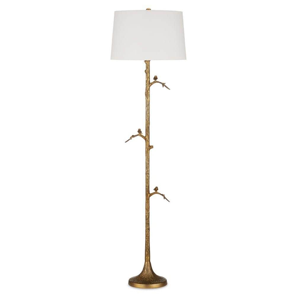 A tall, ornate floor lamp with a white drum lampshade. The lamp's stem is designed to resemble a tre… — free STL 3D model