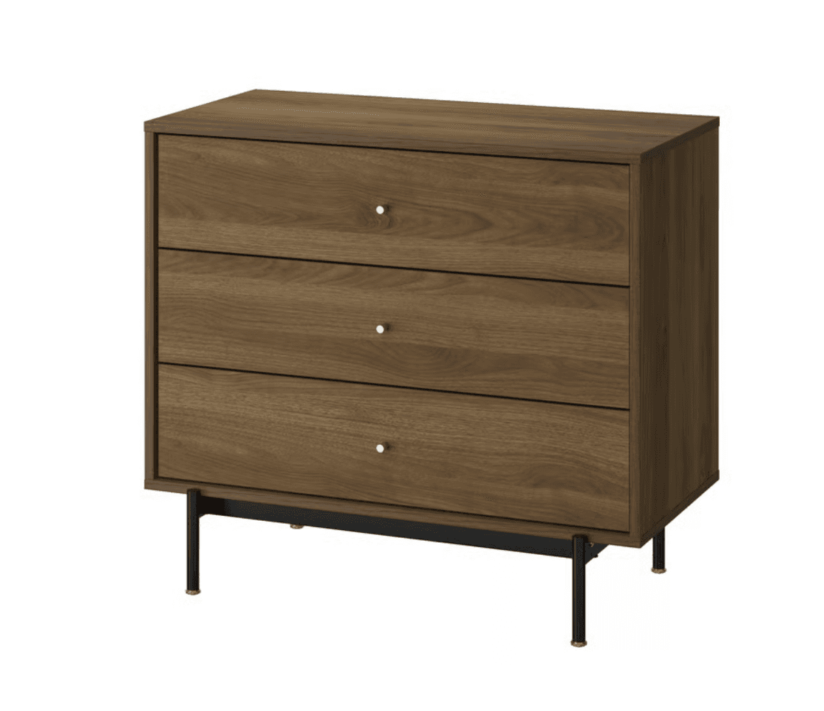 A modern three-drawer chest featuring a dark walnut-effect finish, gold-toned minimalist knob pulls, and a slender black metal base with matching gold accents on the feet. — 3D model