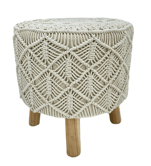 A small, round stool or ottoman entirely covered in intricately woven macrame cord, featuring three natural wood legs. — 3D model