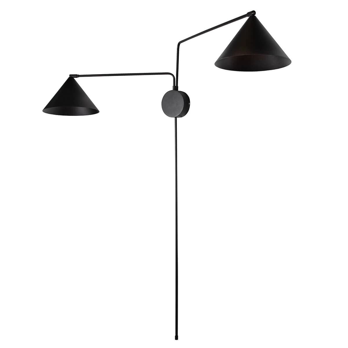 A modern, double-headed wall lamp with adjustable arms. The lamp features two conical shades and is constructed from metal with a matte black finish. It is designed to be mounted on a wall and has a visible power cord. — 3D model