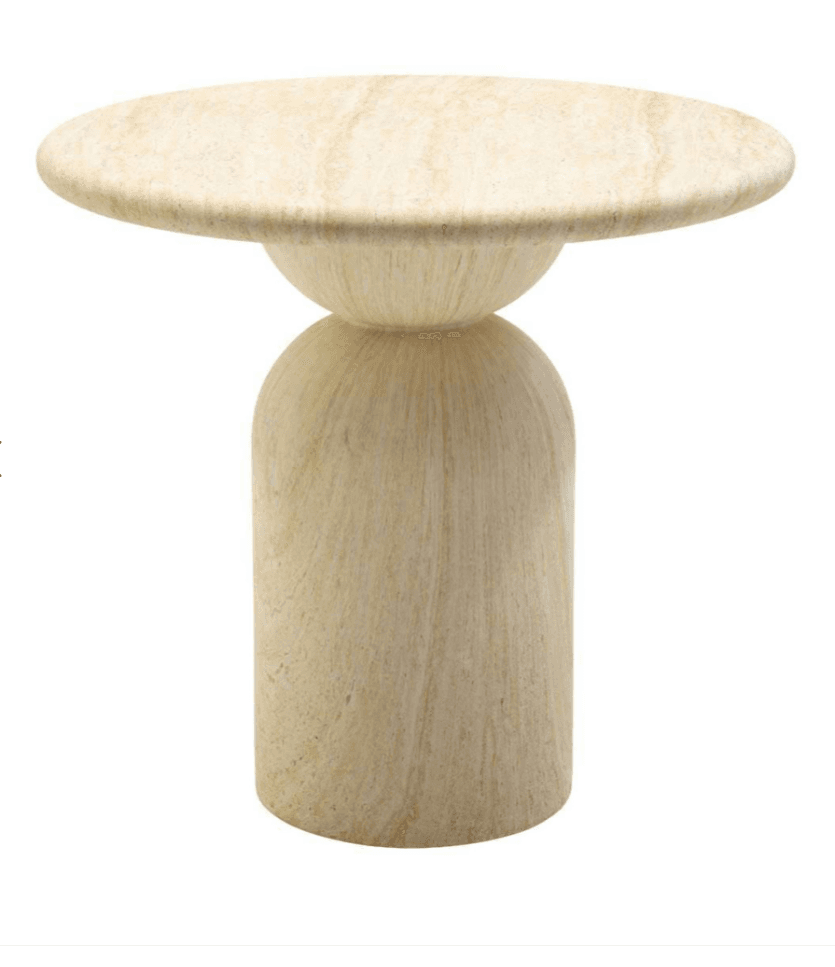 A minimalist side table crafted entirely from light beige travertine, featuring a round top supported by a sculptural, multi-sectioned pedestal base. — 3D model