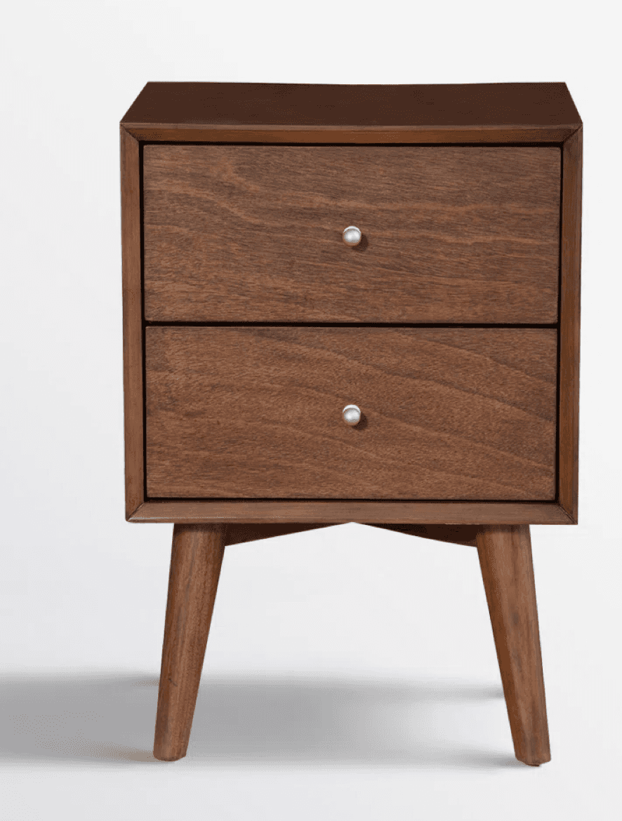A mid-century modern-style nightstand with a dark wood finish. It features two drawers, each with a… — 3D model