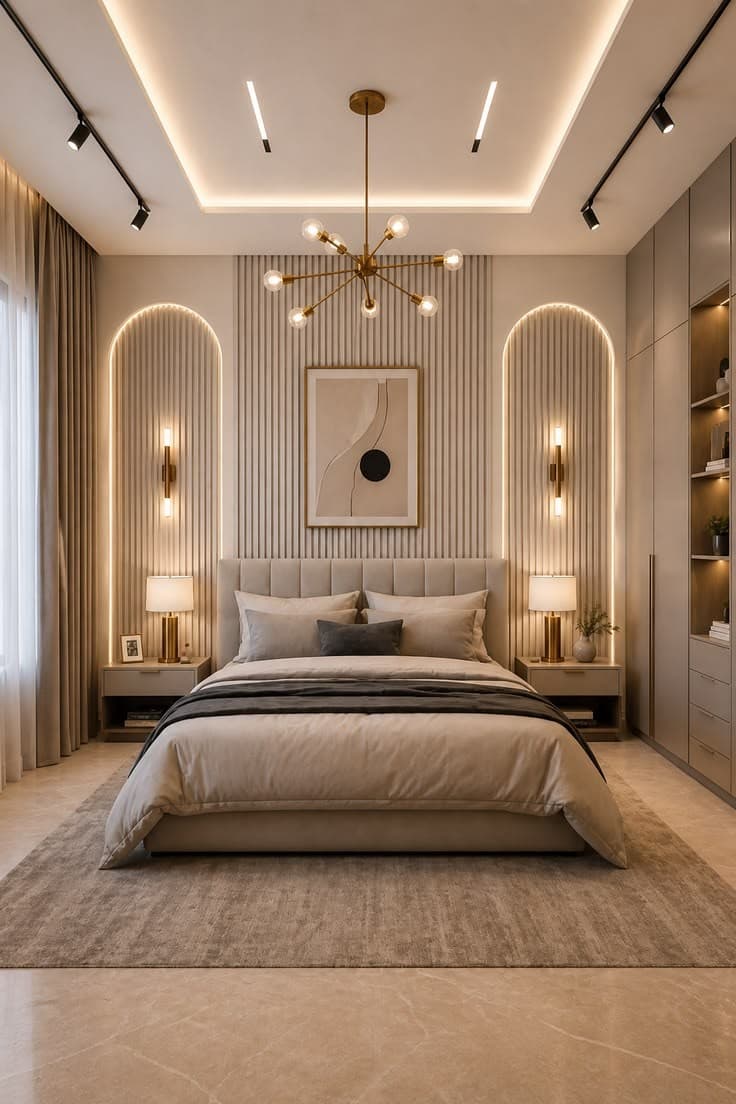 A contemporary interpretation of a Sputnik chandelier, featuring a central spherical body from which multiple brass-finished arms radiate outwards, each terminating in a spherical opal glass bulb. The fixture is suspended by a slender rod and canopy, all in a matching brass tone. — 3D model